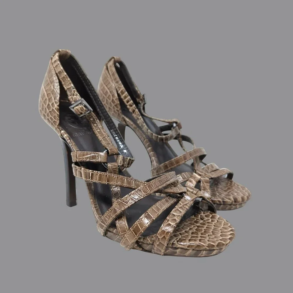 Tory Burch High Heels 6 Brown Strappy Open Toe Croc Embossed Leather - Picture 1 of 10